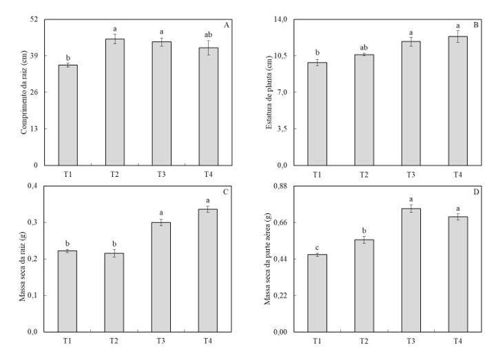 Figura 2. Comprimento da raiz (A), estatura (B), massa seca da raiz (C) e massa seca da parte aérea de plantas de soja oriundas de diferentes tratamentos de sementes, sendo: T1: controle, T2:  Bradyrhizobium japonicum, T3: Azospirillum brasilense, T4: T2 + T3. Médias das colunas seguidas de mesma letra não são significativamente diferentes (P ≤ 0,05) pelo teste de Tukey. Barras representam o erro padrão das médias. Santa Helena – PR, 2022.