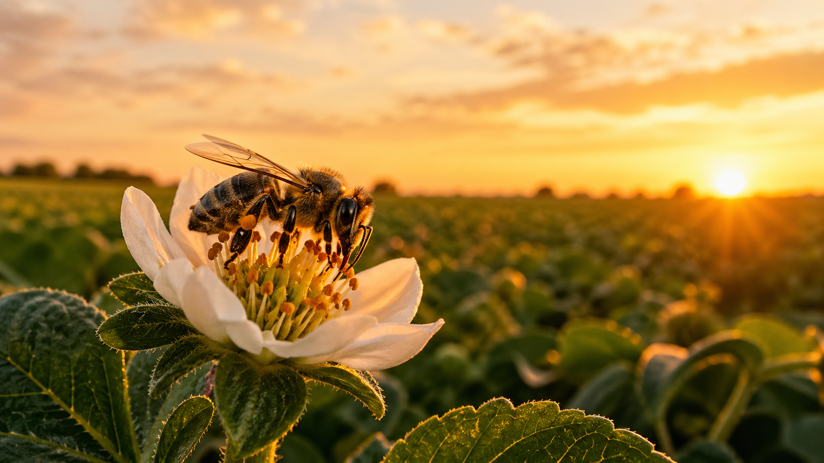 Abelha polinizando uma flor em meio a uma plantação agrícola durante o entardecer.
