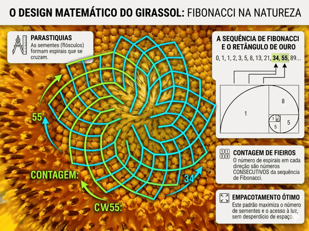 Infográfico técnico detalhando o design matemático do girassol. A imagem explica como os flósculos e sementes formam espirais baseadas na Sequência de Fibonacci e no Retângulo de Ouro para otimização de espaço.