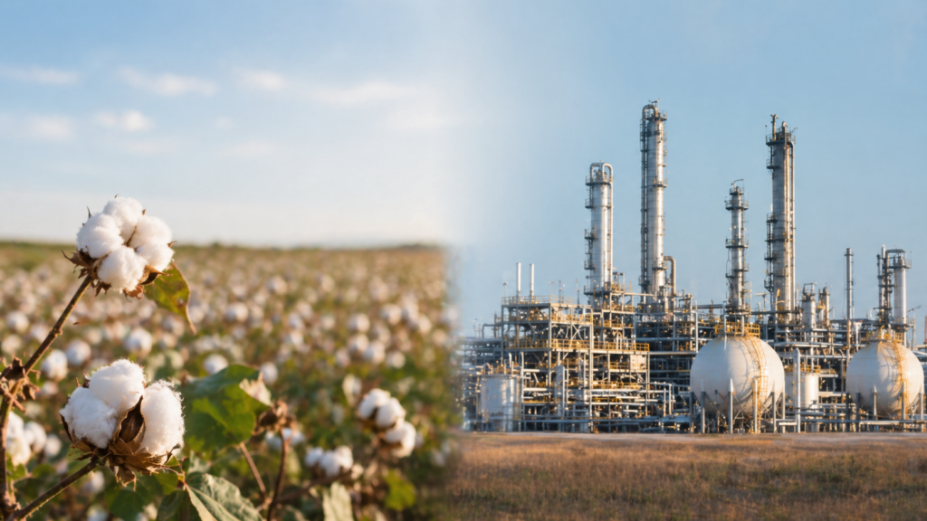 Representação conceitual do contraste entre fibras naturais de algodão e a produção petroquímica na bioindústria têxtil e fibras sustentáveis.