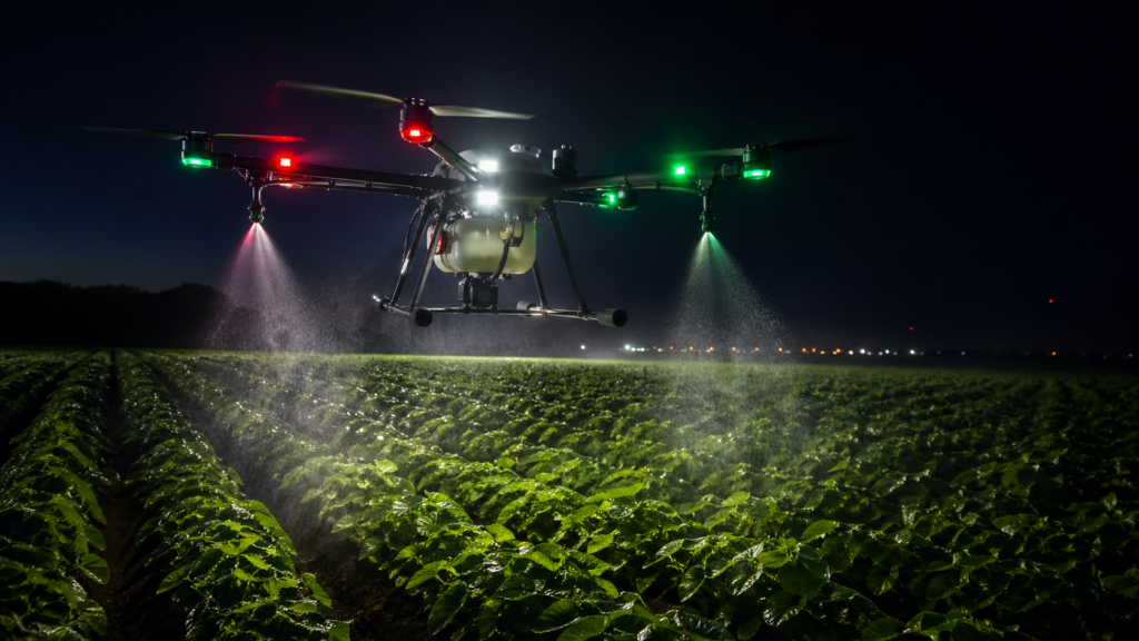 Drone de agricultura de precisão realizando pulverização noturna em lavoura.